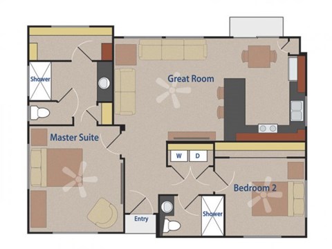 Floor plan for 2 beds, 2 baths, 965 sqft